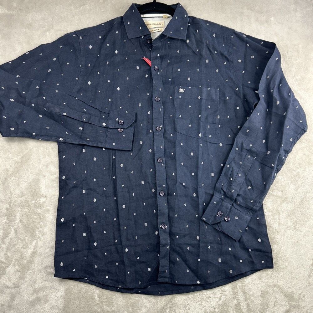 Monte Carlo Men's Shirt Long Sleeve Medium Navy Blue 100% Linen Geometric
